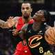 Cavs guard Dennis Schroder (8) drives to the basket