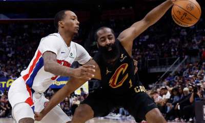 Cavs guard James Harden (1) dribbles defended