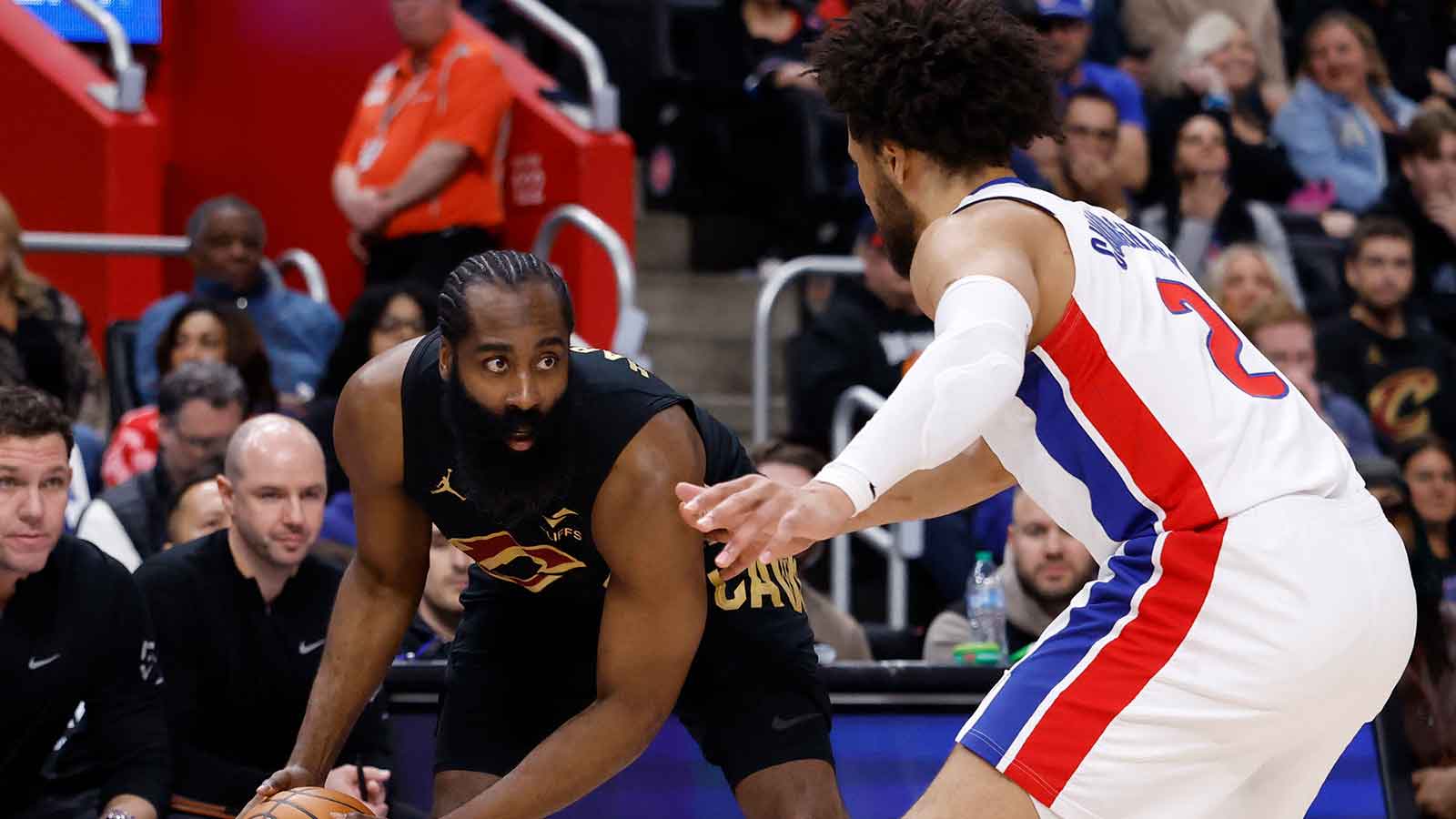 Cavs guard James Harden (1) dribbles vs. Cade Cunningham