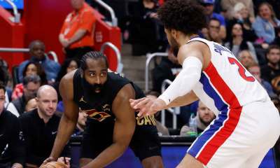 Cavs guard James Harden (1) dribbles vs. Cade Cunningham