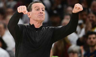 Cleveland Cavaliers head coach Kenny Atkinson reacts against the Detroit Pistons during the first half of game three in the second round of the 2026 NBA Playoffs at Rocket Arena.