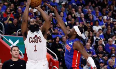 Cleveland Cavaliers guard James Harden (1) shoots on Detroit Pistons guard Caris LeVert (8) in the first half during game five of the second round of the 2026 NBA Playoffs at Little Caesars Arena.