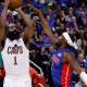 Cleveland Cavaliers guard James Harden (1) shoots on Detroit Pistons guard Caris LeVert (8) in the first half during game five of the second round of the 2026 NBA Playoffs at Little Caesars Arena.
