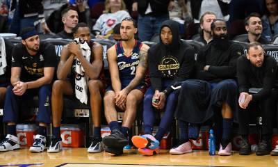 Cleveland Cavaliers bench looks on in the fourth quarter against the New York Knicks during game four of the eastern conference finals for the 2026 NBA playoffs at Rocket Arena.