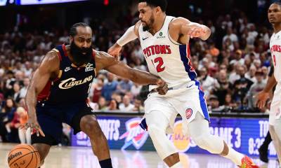 Cleveland Cavaliers guard James Harden (1) drives to the basket against Detroit Pistons forward Tobias Harris (12) during the second half of game three in the second round of the 2026 NBA Playoffs at Rocket Arena.