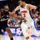 Cleveland Cavaliers guard James Harden (1) drives to the basket against Detroit Pistons forward Tobias Harris (12) during the second half of game three in the second round of the 2026 NBA Playoffs at Rocket Arena.