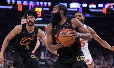 Cleveland Cavaliers guard James Harden (1) controls the ball against New York Knicks guard Mikal Bridges (25) during the second quarter of game one of the eastern conference finals during the 2026 NBA playoffs at Madison Square Garden.
