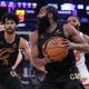 Cleveland Cavaliers guard James Harden (1) controls the ball against New York Knicks guard Mikal Bridges (25) during the second quarter of game one of the eastern conference finals during the 2026 NBA playoffs at Madison Square Garden.