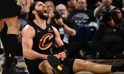Cleveland Cavaliers guard Max Strus (2) reacts after a play against the Toronto Raptors during the first half of game seven in the first round of the 2026 NBA Playoffs at Rocket Arena.