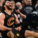 Cleveland Cavaliers guard Max Strus (2) reacts after a play against the Toronto Raptors during the first half of game seven in the first round of the 2026 NBA Playoffs at Rocket Arena.