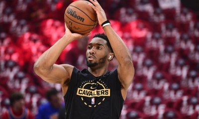 Cleveland Cavaliers guard Donovan Mitchell (45) warms up before game four of the eastern conference finals for the 2026 NBA playoffs against the New York Knicks at Rocket Arena.