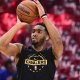 Cleveland Cavaliers guard Donovan Mitchell (45) warms up before game four of the eastern conference finals for the 2026 NBA playoffs against the New York Knicks at Rocket Arena.