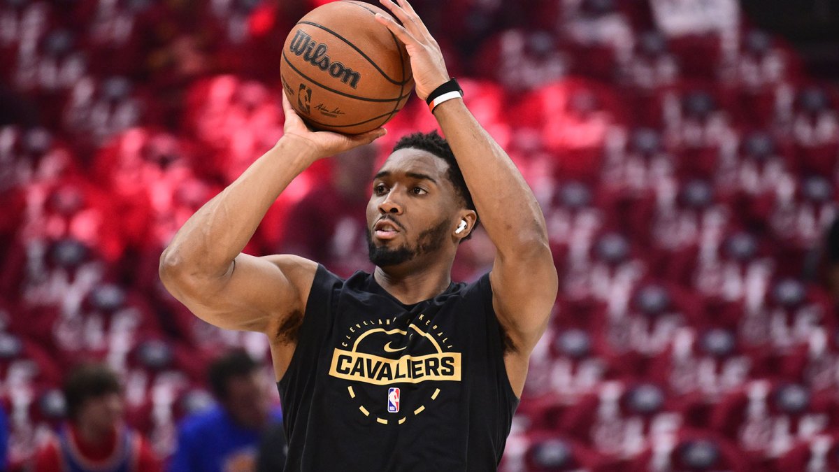 Cleveland Cavaliers guard Donovan Mitchell (45) warms up before game four of the eastern conference finals for the 2026 NBA playoffs against the New York Knicks at Rocket Arena.
