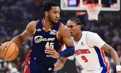 Cleveland Cavaliers guard Donovan Mitchell (45) drives to the basket against Detroit Pistons guard Ausar Thompson (9) during the second half of game three in the second round of the 2026 NBA Playoffs at Rocket Arena.