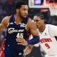 Cleveland Cavaliers guard Donovan Mitchell (45) drives to the basket against Detroit Pistons guard Ausar Thompson (9) during the second half of game three in the second round of the 2026 NBA Playoffs at Rocket Arena.