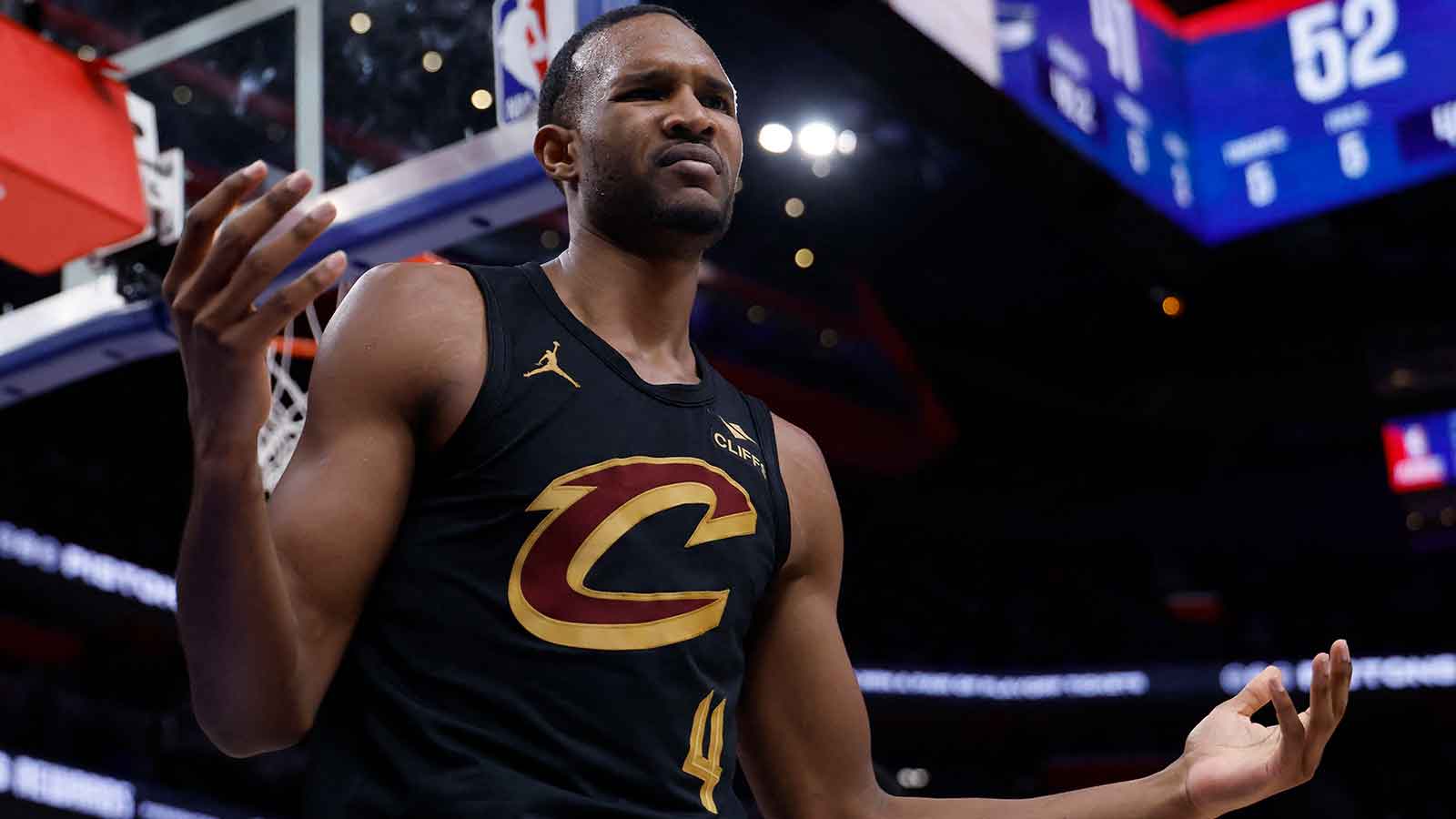 Cleveland Cavaliers center Evan Mobley (4) reacts in the first half against the Detroit Pistons during game two of the second round of the 2026 NBA Playoffs at Little Caesars Arena.