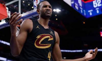 Cleveland Cavaliers center Evan Mobley (4) reacts in the first half against the Detroit Pistons during game two of the second round of the 2026 NBA Playoffs at Little Caesars Arena.