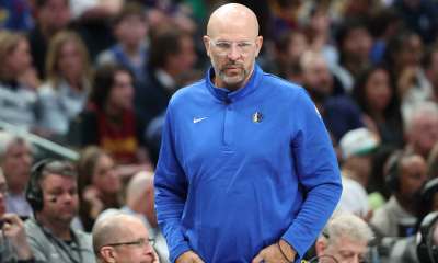 Dallas Mavericks head coach Jason Kidd reacts during the second half against the Cleveland Cavaliers at American Airlines Center.