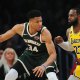 Milwaukee Bucks forward Giannis Antetokounmpo (34) controls the ball against Los Angeles Lakers forward LeBron James (23) during the first half at Staples Center.