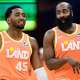 Cleveland Cavaliers guard Donovan Mitchell (45) and guard James Harden (1) talk during a free throw attempt during the second half against the Orlando Magic at Rocket Arena.