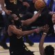 Cleveland Cavaliers guard James Harden (1) drives to the basket against New York Knicks center Karl-Anthony Towns (32), forward Og Anunoby (8), and guard Jalen Brunson (11) during the first quarter of game one of the eastern conference finals during the 2026 NBA playoffs at Madison Square Garden.