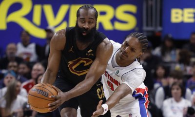 Cleveland Cavaliers guard James Harden (1) is defended by Detroit Pistons guard Ausar Thompson (9) in the second half during game one of the second round of the 2026 NBA Playoffs at Little Caesars Arena.