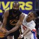 Cleveland Cavaliers guard James Harden (1) is defended by Detroit Pistons guard Ausar Thompson (9) in the second half during game one of the second round of the 2026 NBA Playoffs at Little Caesars Arena.