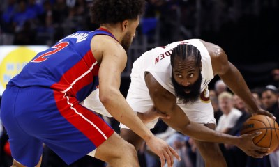 Cleveland Cavaliers guard James Harden (1) is defended by Detroit Pistons guard Cade Cunningham (2) in the first half during game five of the second round of the 2026 NBA Playoffs at Little Caesars Arena.