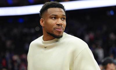Milwaukee Bucks forward Giannis Antetokounmpo looks on after the game against the Philadelphia 76ers at Xfinity Mobile Arena.