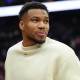Milwaukee Bucks forward Giannis Antetokounmpo looks on after the game against the Philadelphia 76ers at Xfinity Mobile Arena.