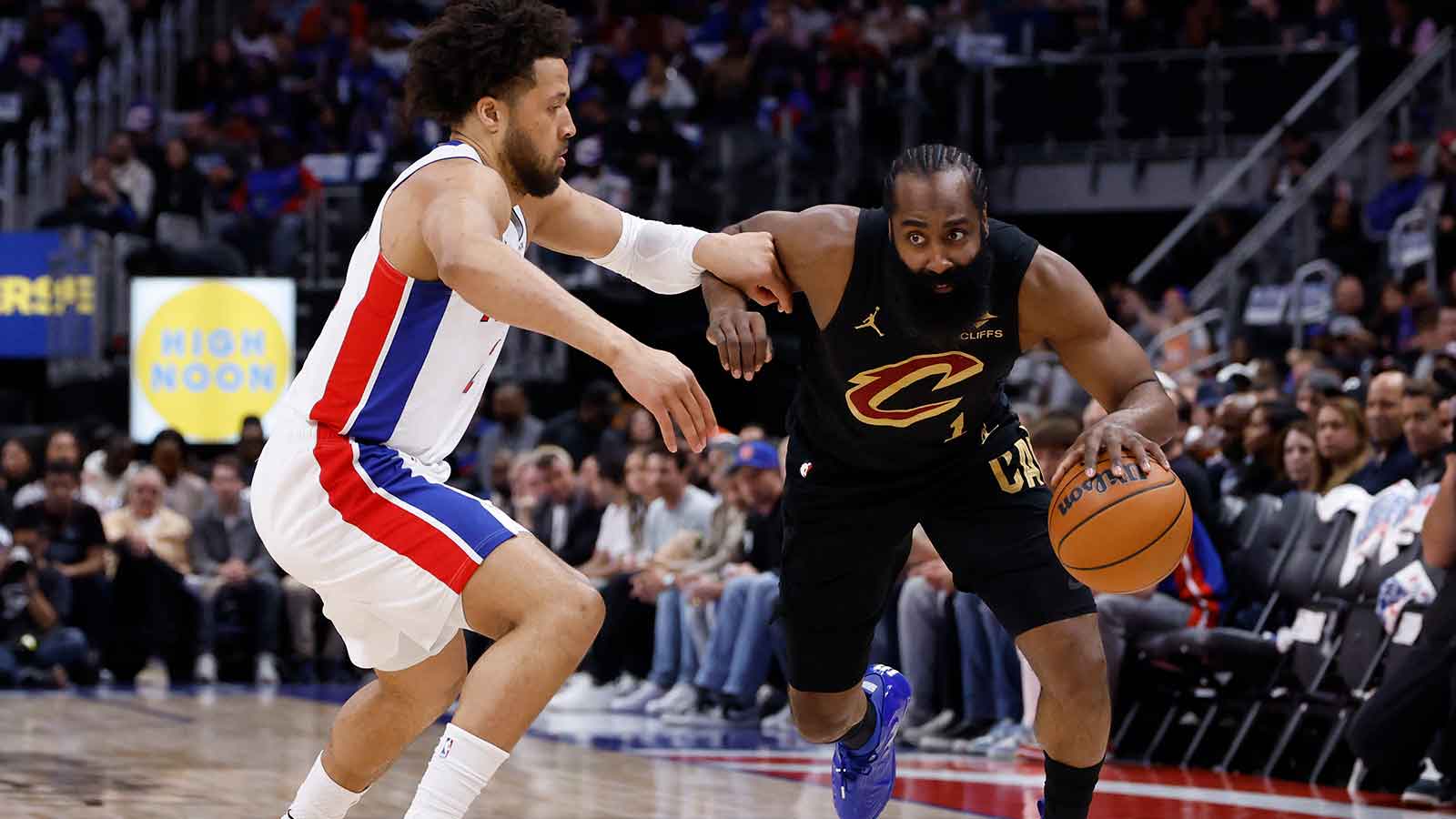 Cleveland Cavaliers guard James Harden (1) dribbles defended by Detroit Pistons guard Cade Cunningham (2) in the first half during game two of the second round of the 2026 NBA Playoffs at Little Caesars Arena.
