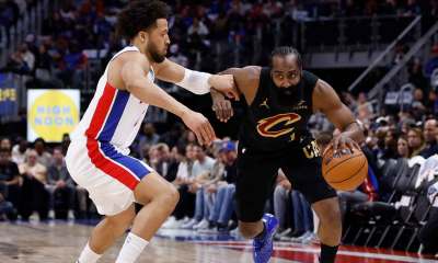 Cleveland Cavaliers guard James Harden (1) dribbles defended by Detroit Pistons guard Cade Cunningham (2) in the first half during game two of the second round of the 2026 NBA Playoffs at Little Caesars Arena.