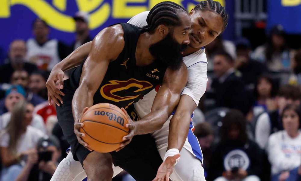 Cleveland Cavaliers guard James Harden (1) is defended by Detroit Pistons guard Ausar Thompson (9) in the second half during game one of the second round of the 2026 NBA Playoffs at Little Caesars Arena.