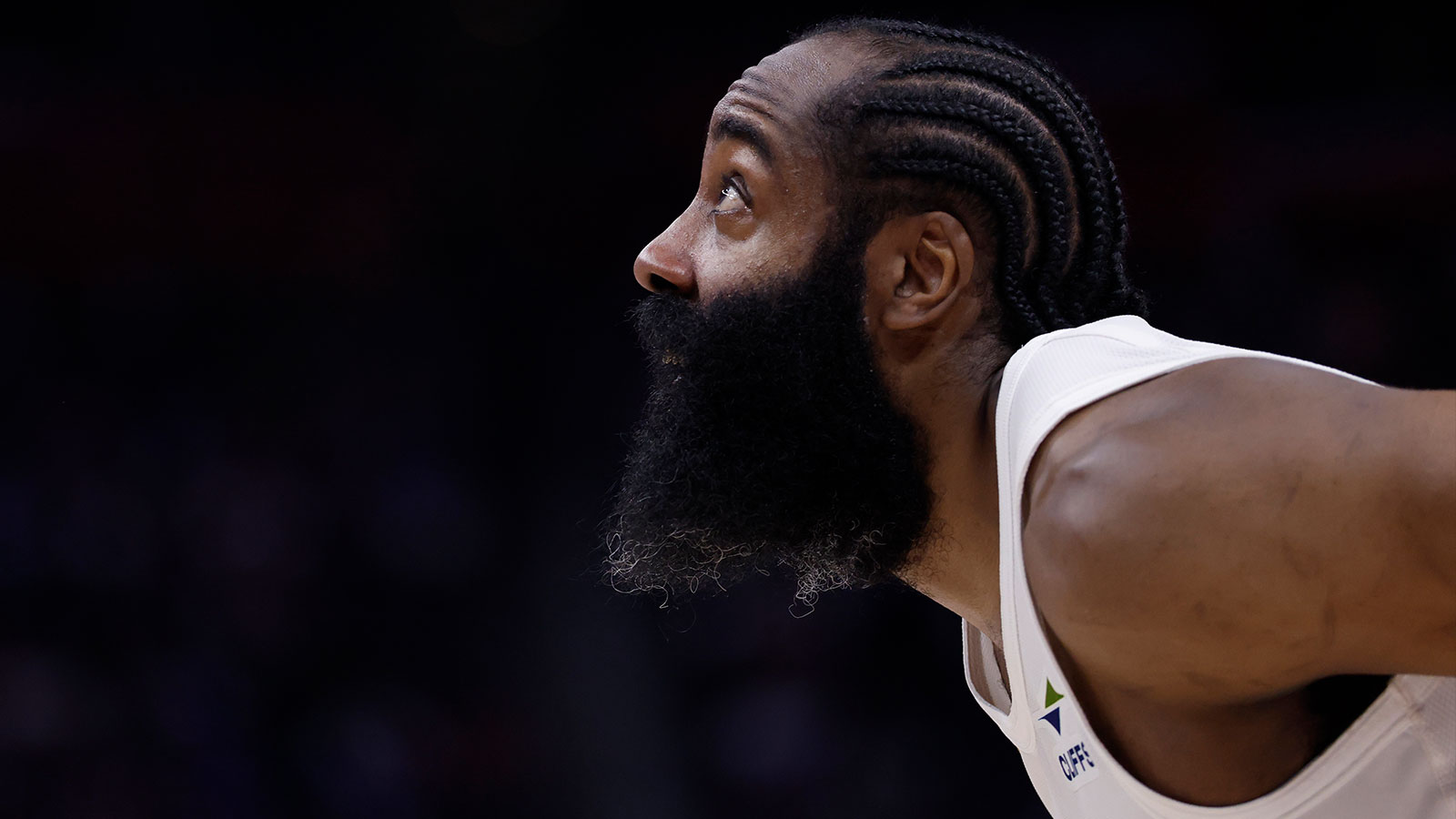 Cleveland Cavaliers guard James Harden (1) looks for a rebound in the second half against the Detroit Pistons during game seven of the second round of the 2026 NBA Playoffs at Little Caesars Arena.