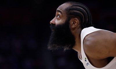 Cleveland Cavaliers guard James Harden (1) looks for a rebound in the second half against the Detroit Pistons during game seven of the second round of the 2026 NBA Playoffs at Little Caesars Arena.