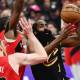 May 3, 2026; Cleveland, Ohio, USA; Cleveland Cavaliers guard James Harden (1) drives to the basket against Toronto Raptors guard Jamal Shead (23) and center Jakob Poeltl (19) during the first quarter of game seven in the first round of the 2026 NBA Playoffs at Rocket Arena. Mandatory Credit: Ken Blaze-Imagn Images