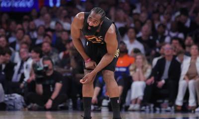 Cleveland Cavaliers guard James Harden (1) reacts during the second quarter of game one of the eastern conference finals against the New York Knicks during the 2026 NBA playoffs at Madison Square Garden.