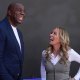 Magic Johnson (left) and Jeanie Buss at unveiling of statue of former Los Angeles Lakers coach Pat Riley at the Crypto.com Arena.