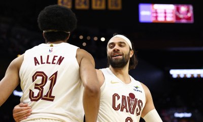 Cleveland Cavaliers center Jarrett Allen (31) and forward/guard Max Strus (2) after a play against the Golden State Warriors during the fourth quarter at Chase Center.