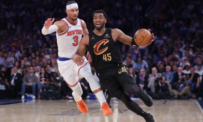 Cleveland Cavaliers guard Donovan Mitchell (45) dribbles against New York Knicks guard Josh Hart (3) during the second quarter of game one of the eastern conference finals during the 2026 NBA playoffs at Madison Square Garden.
