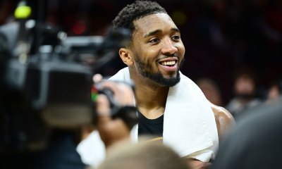 Cleveland Cavaliers guard Donovan Mitchell (45) is interviewed after game seven against the Toronto Raptors In the first round of the 2026 NBA Playoffs at Rocket Arena.