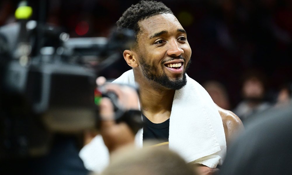 Cleveland Cavaliers guard Donovan Mitchell (45) is interviewed after game seven against the Toronto Raptors In the first round of the 2026 NBA Playoffs at Rocket Arena.