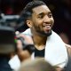 Cleveland Cavaliers guard Donovan Mitchell (45) is interviewed after game seven against the Toronto Raptors In the first round of the 2026 NBA Playoffs at Rocket Arena.
