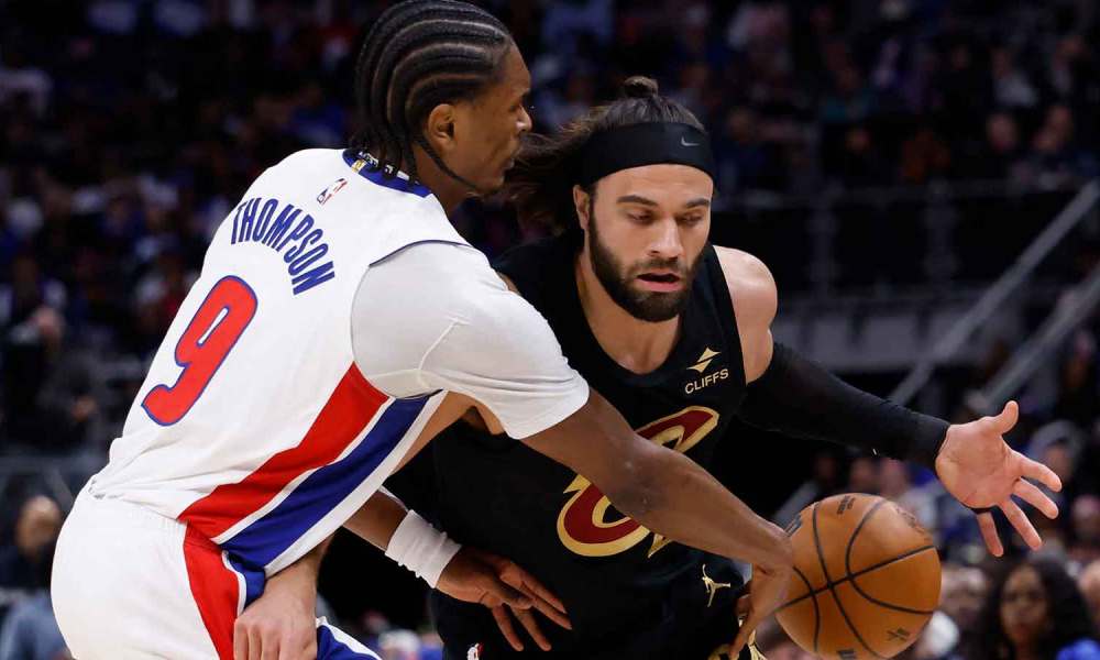 Detroit Pistons guard Ausar Thompson (9) knocks the ball from Cleveland Cavaliers guard/forward Max Strus (2) in the first half during game two of the second round of the 2026 NBA Playoffs at Little Caesars Arena.