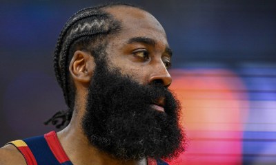 Cavs guard James Harden (1) looks on in the third quarter against the New York Knicks during game three of the eastern conference finals for the 2026 NBA playoffs at Rocket Arena