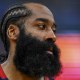 Cavs guard James Harden (1) looks on in the third quarter against the New York Knicks during game three of the eastern conference finals for the 2026 NBA playoffs at Rocket Arena