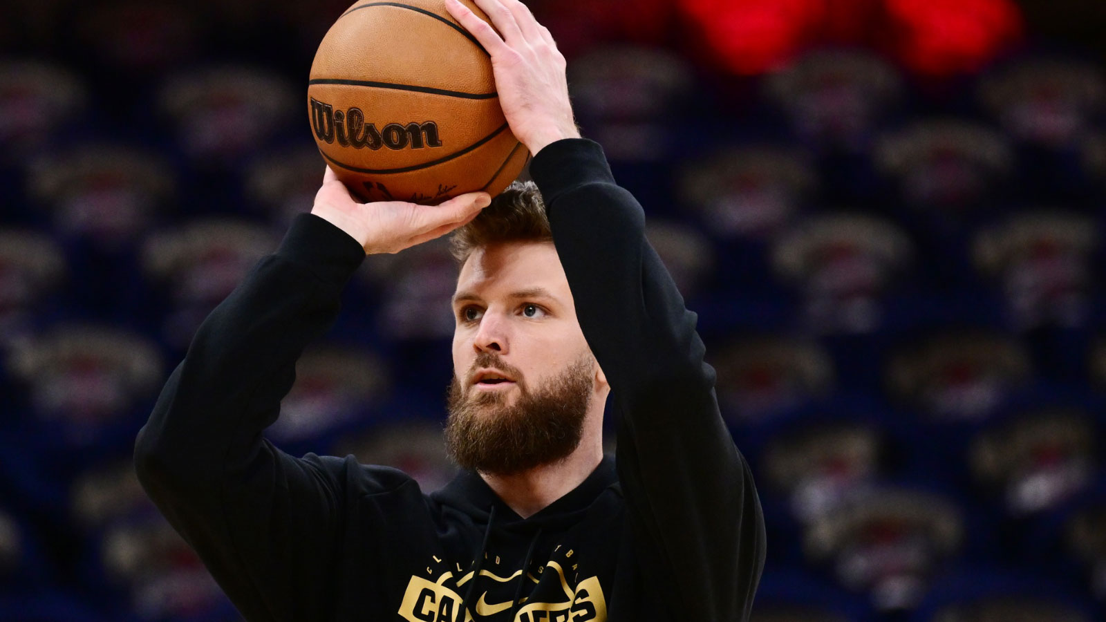 Cavaliers forward Dean Wade (32) warms up before game four between the Cavaliers and the Detroit Pistons in the second round of the 2026 NBA Playoffs at Rocket Arena