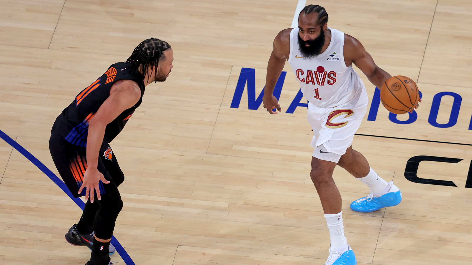 Cavaliers guard James Harden (1) controls the ball against New York Knicks guard Jalen Brunson (11) during the second quarter of game two of the eastern conference finals during the 2026 NBA playoffs at Madison Square Garden