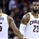 Cavs forward LeBron James (23) reacts during the fourth quarter with guard J.R. Smith (5) against the Golden State Warriors in game six of the NBA Finals at Quicken Loans Arena