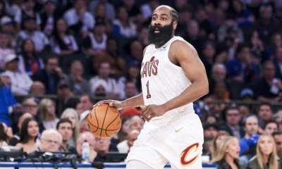 Cleveland Cavaliers guard James Harden (1) controls the ball against the New York Knicks during the second quarter of game two of the eastern conference finals of the 2026 NBA playoffs at Madison Square Garden.